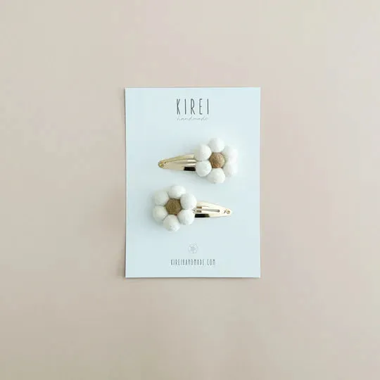Felt Pompom Daisy Snap Clips (Set of 2) - Neutral