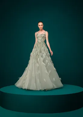 Gray Green Cloche Dress Beaded With Feathers Online UAE