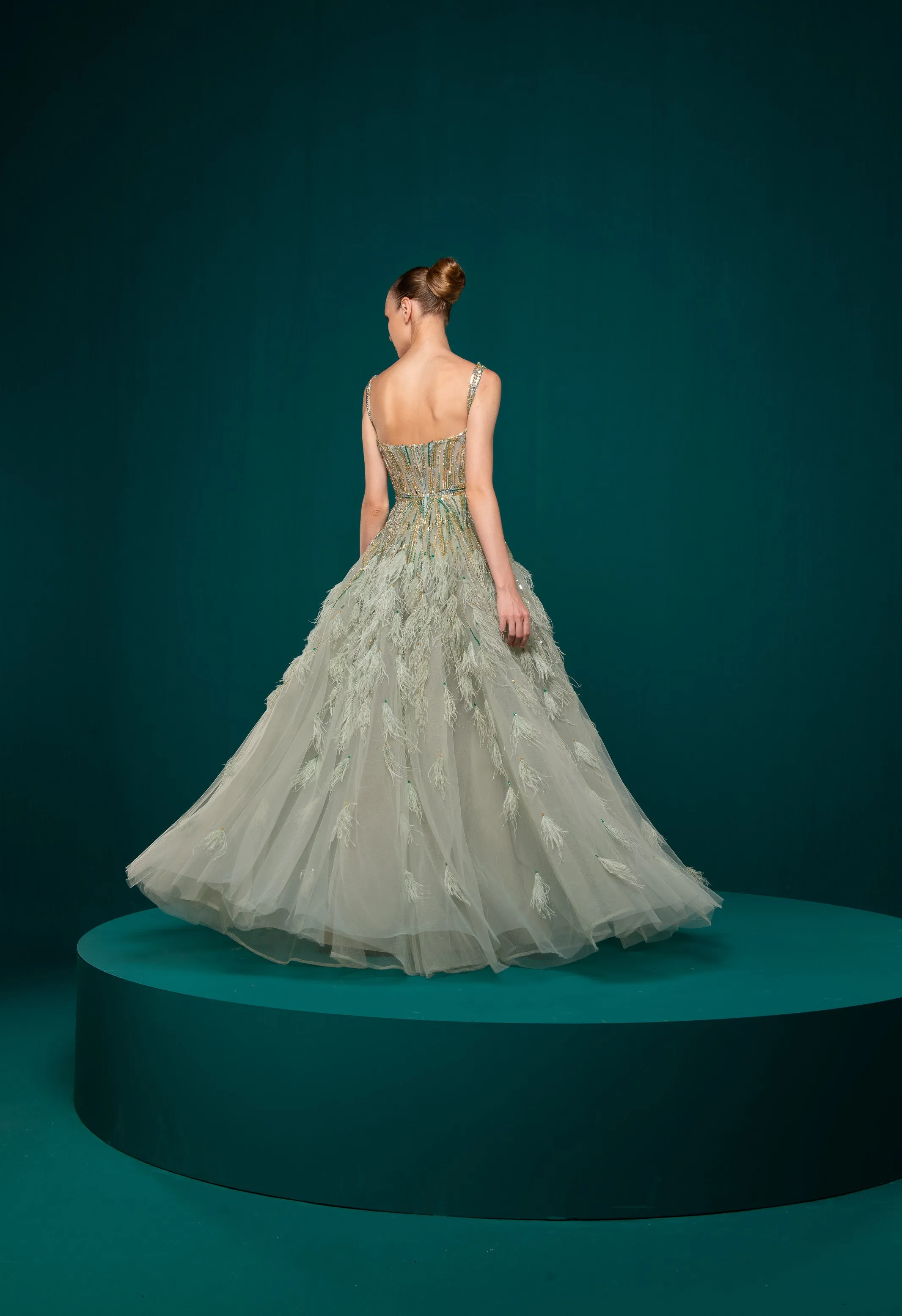 Gray Green Cloche Dress Beaded With Feathers Online UAE