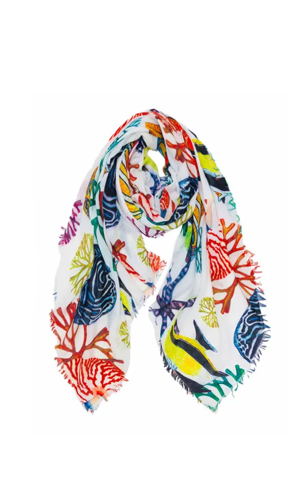 JC021055 Fish & Coral Printed Scarf w/Fringes