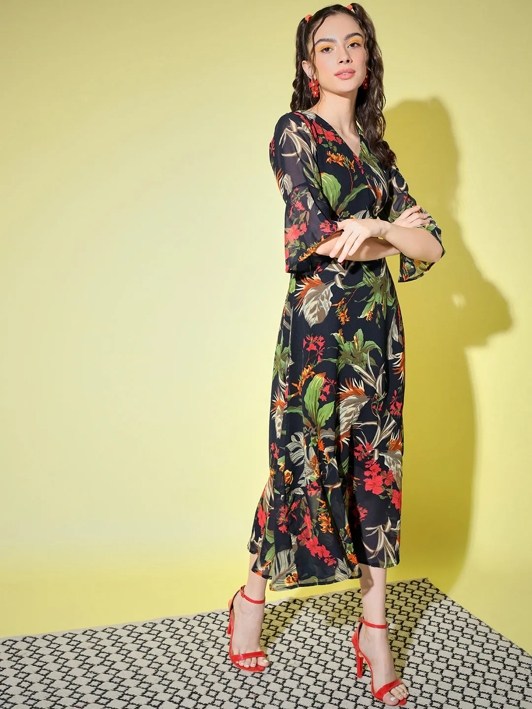 Multicoloured Floral Georgette Midi Dress