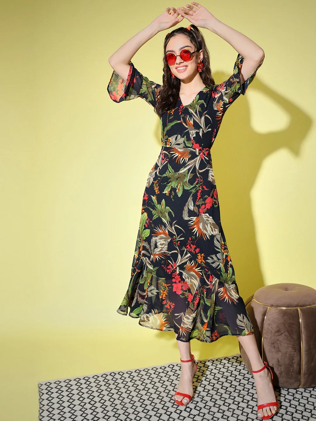 Multicoloured Floral Georgette Midi Dress