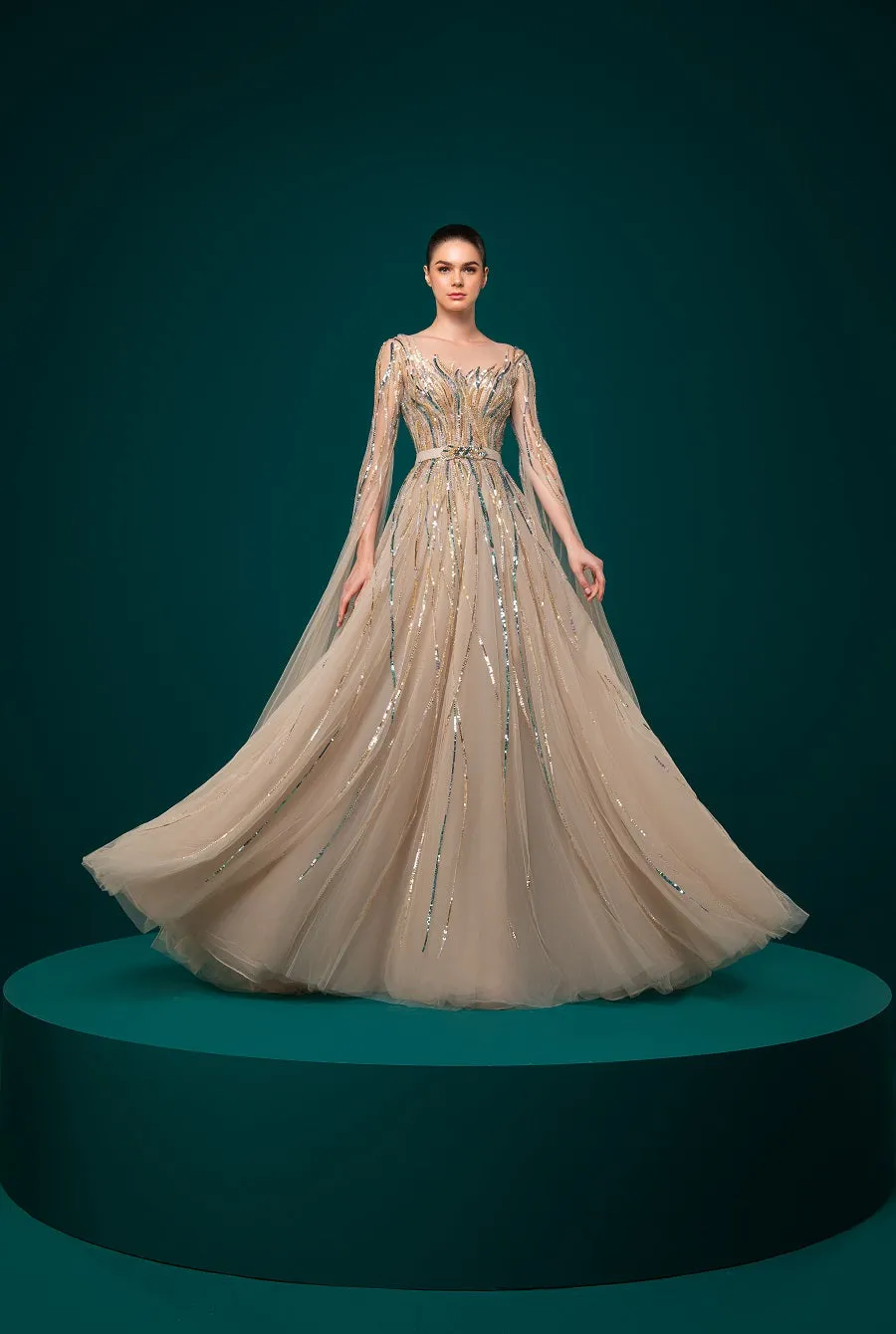 Nude Cloche Dress With Gold And Green Beading Online UAE
