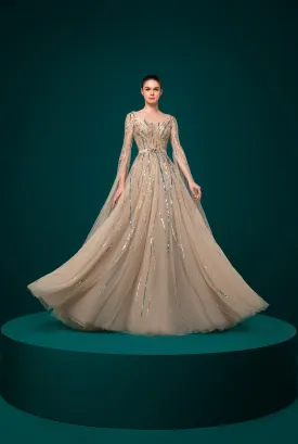 Nude Cloche Dress With Gold And Green Beading Online UAE