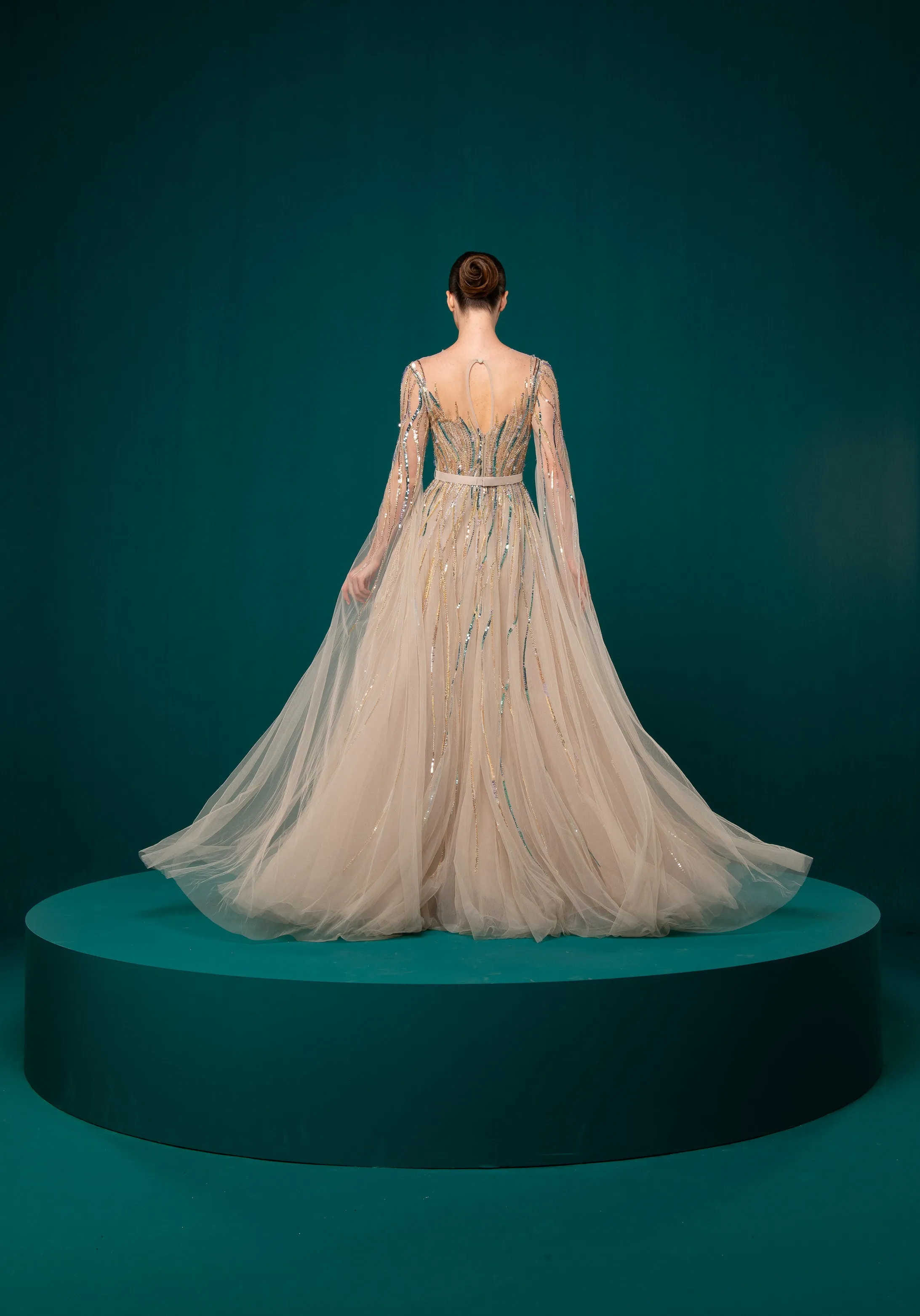 Nude Cloche Dress With Gold And Green Beading Online UAE