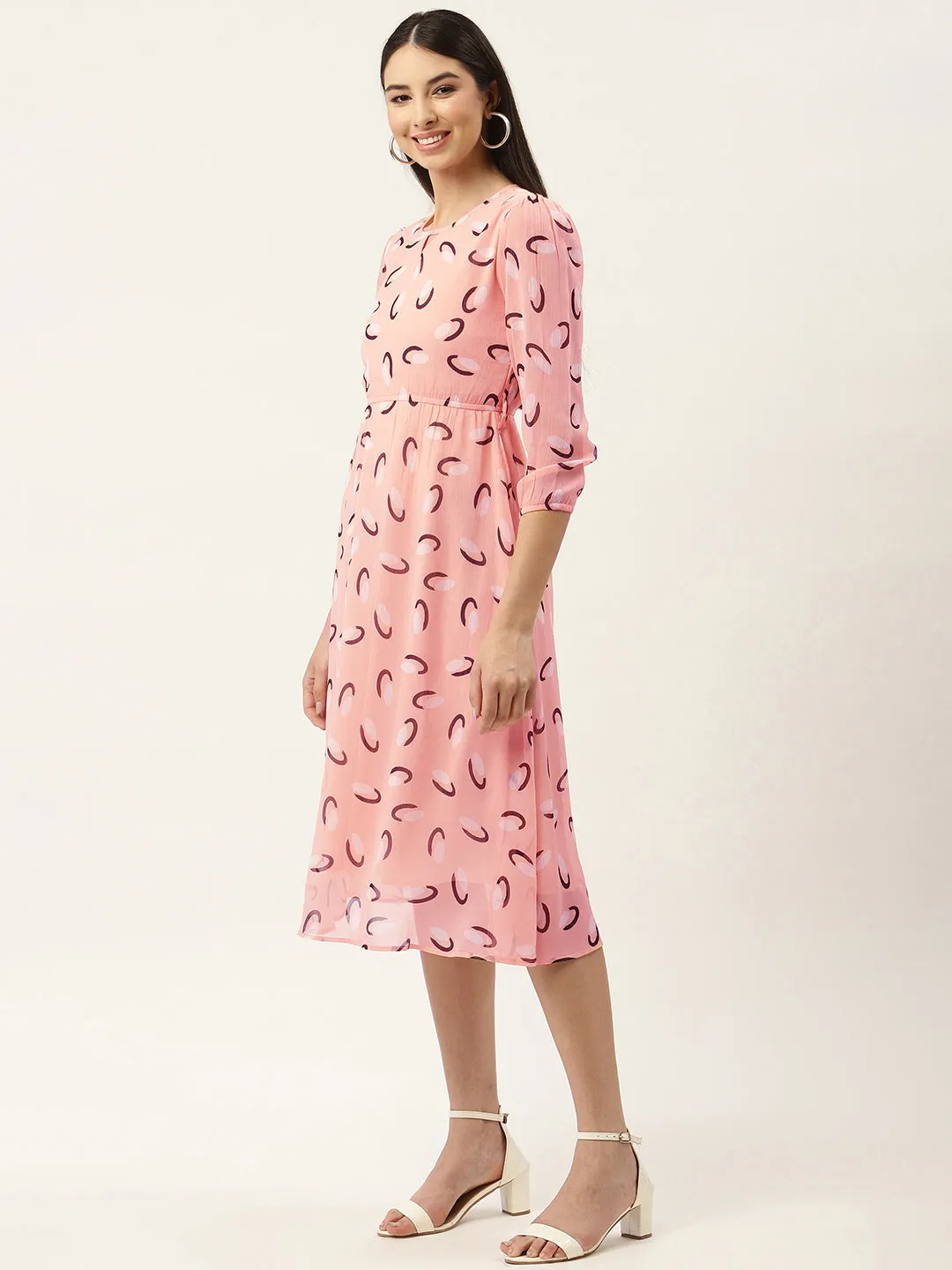 Peach-Coloured Keyhole Neck Chiffon Midi Dress